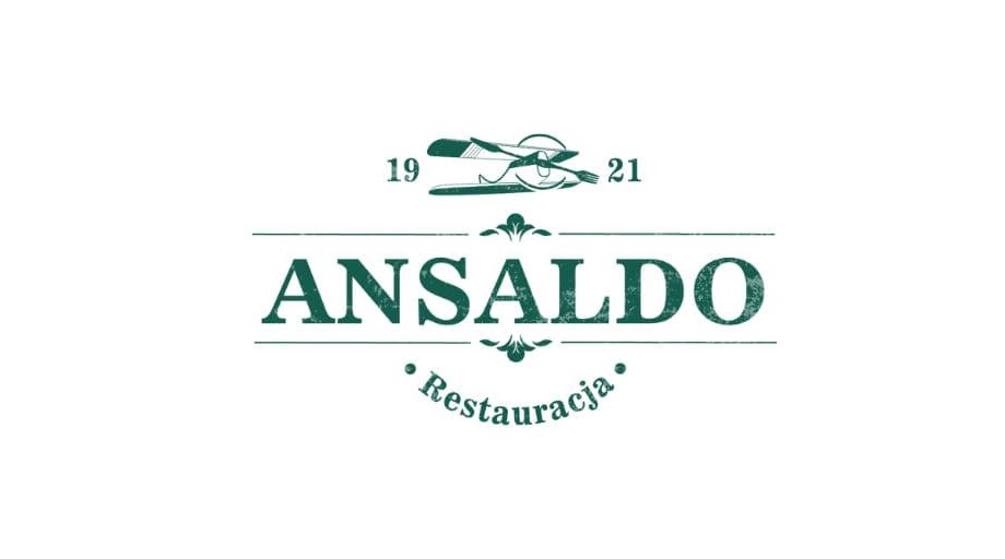 Logo Restauracji Ansaldo. Zielony samolot, rok 1921 i napis Ansaldo Restauracja