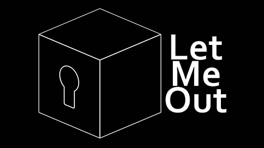 Logo Let Me Out Lublin. Na czarnym tle sześcian z dziurką od klucza, obok napis: Let Me Out.