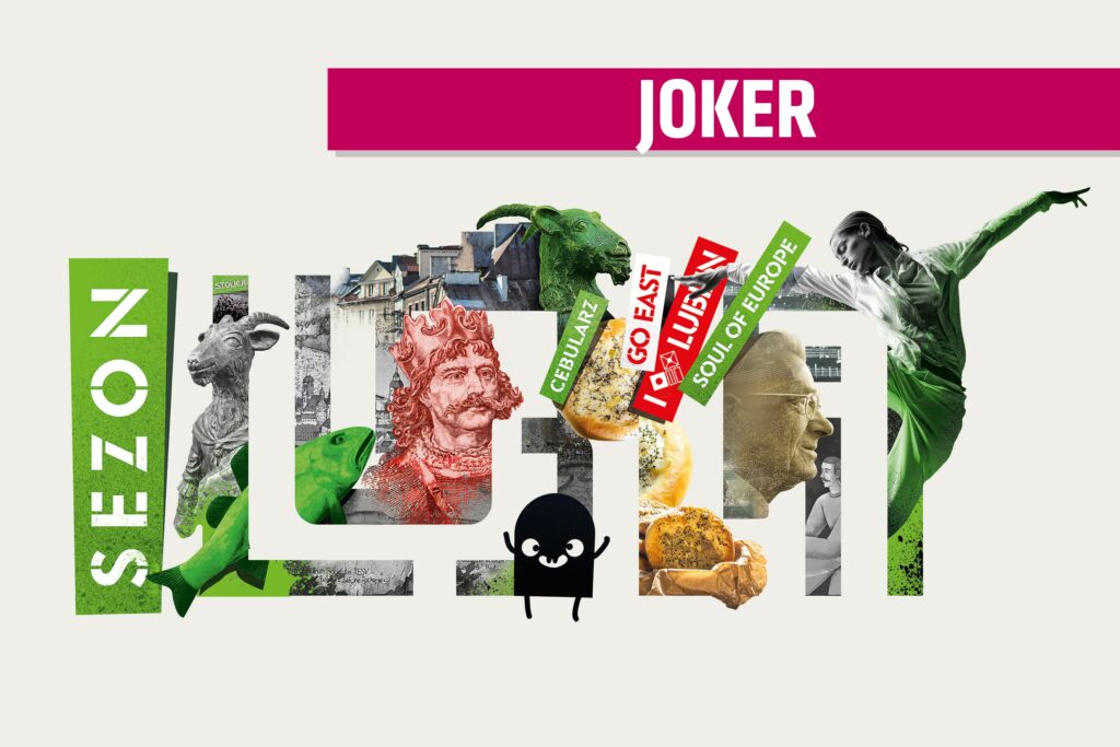Logo Sezonu Lublin 2024, czyli mozaika zdjęć przedstawiająca ludzi, budynki i elementy rysunkowe. Powyżej niebieska belka z nazwą kategorii Joker.