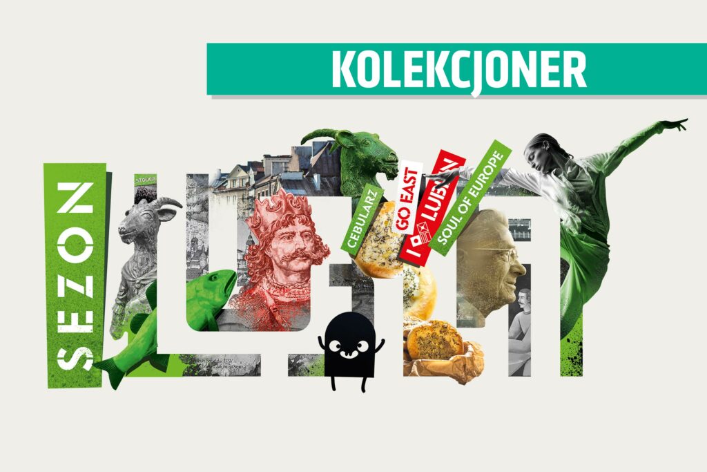 Logo Sezonu Lublin 2024, czyli mozaika zdjęć przedstawiająca ludzi, budynki i elementy rysunkowe. Powyżej niebieska belka z nazwą kategorii Kolekcjoner.