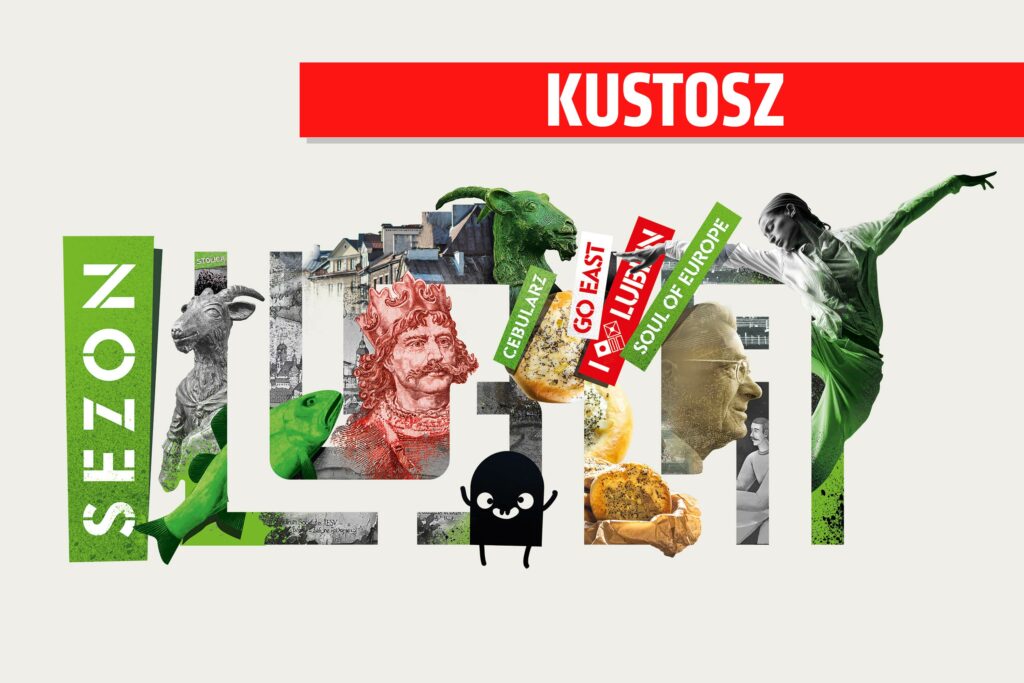 Logo Sezonu Lublin 2024, czyli mozaika zdjęć przedstawiająca ludzi, budynki i elementy rysunkowe. Powyżej niebieska belka z nazwą kategorii Kustosz.