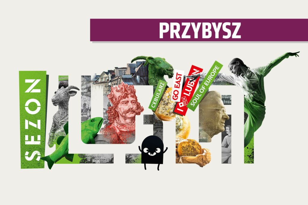 Logo Sezonu Lublin 2024, czyli mozaika zdjęć przedstawiająca ludzi, budynki i elementy rysunkowe. Powyżej niebieska belka z nazwą kategorii Przybysz.