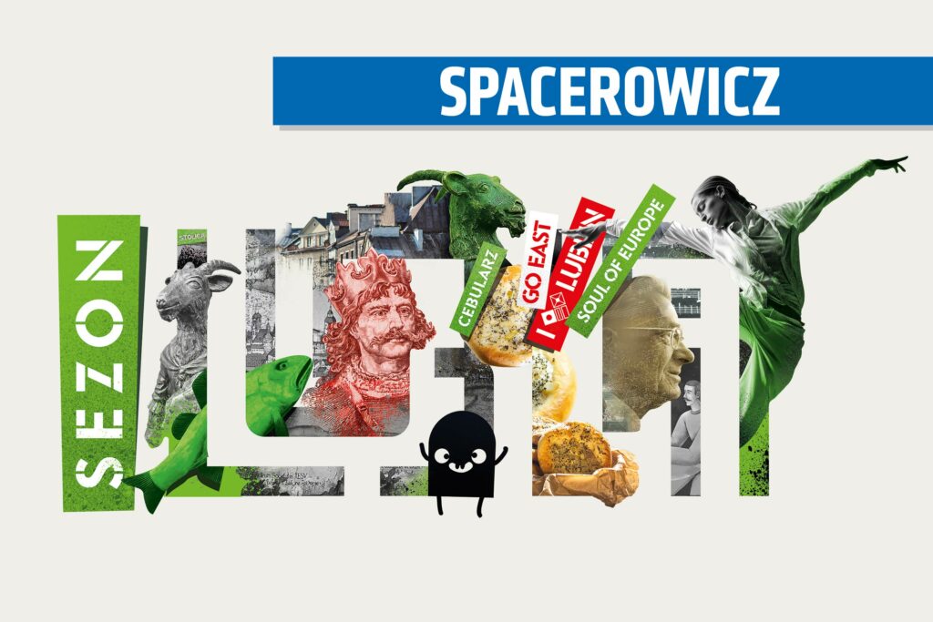 Logo Sezonu Lublin 2024, czyli mozaika zdjęć przedstawiająca ludzi, budynki i elementy rysunkowe. Powyżej niebieska belka z nazwą kategorii Spacerowicz.