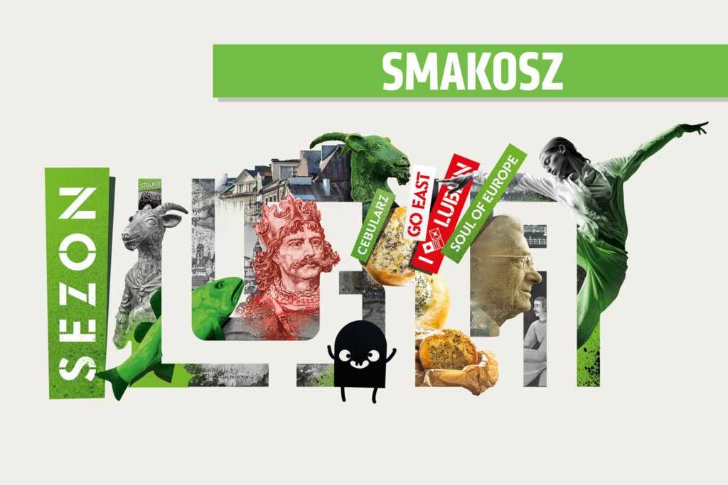 Logo Sezonu Lublin 2024, czyli mozaika zdjęć przedstawiająca ludzi, budynki i elementy rysunkowe. Powyżej niebieska belka z nazwą kategorii Smakosz.