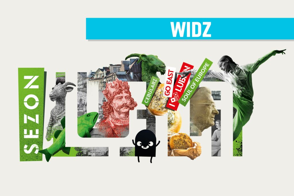Logo Sezonu Lublin 2024, czyli mozaika zdjęć przedstawiająca ludzi, budynki i elementy rysunkowe. Powyżej niebieska belka z nazwą kategorii Widz.