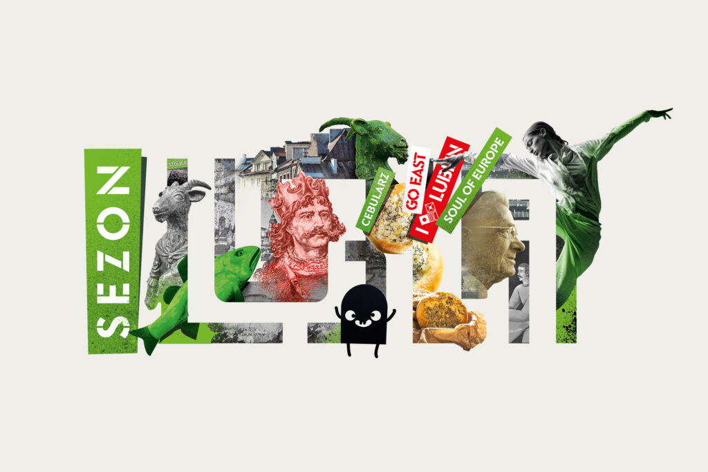 Grafika złożona z napisu Lublin, w który wkomponowane są postacie i elementy architektury, symboli związanych z miastem.
