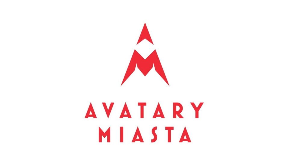 czerwone logo na białym tle. Czerwony napis Avatary Miasta i grafika/ikonka