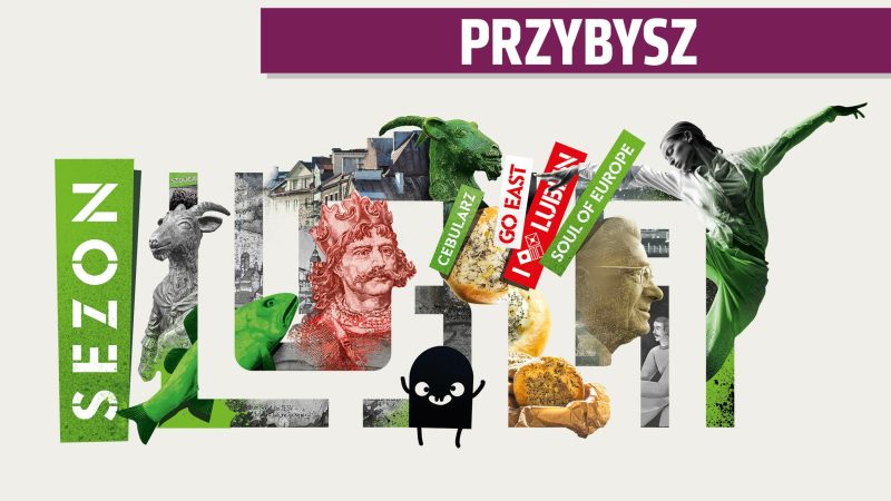 Logo Sezonu Lublin 2024, czyli mozaika zdjęć przedstawiająca ludzi, budynki i elementy rysunkowe. Powyżej niebieska belka z nazwą kategorii Przybysz.