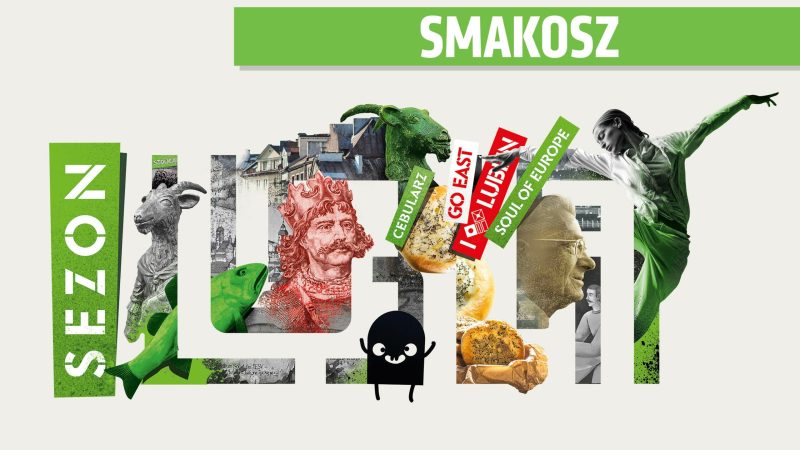 Logo Sezonu Lublin 2024, czyli mozaika zdjęć przedstawiająca ludzi, budynki i elementy rysunkowe. Powyżej niebieska belka z nazwą kategorii Smakosz.