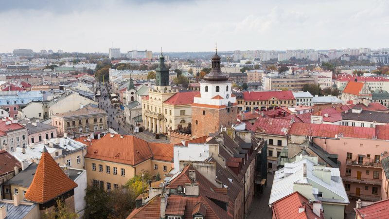 Panorama miasta. Widok na zabytkowe budynki Starego Miasta i okolicy. Widoczne hełmy bram i dachy budynków.